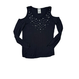 Vocal Cold Shoulder Long Sleeve Shirt Womens Sz M Black Embellished Pearls Rock